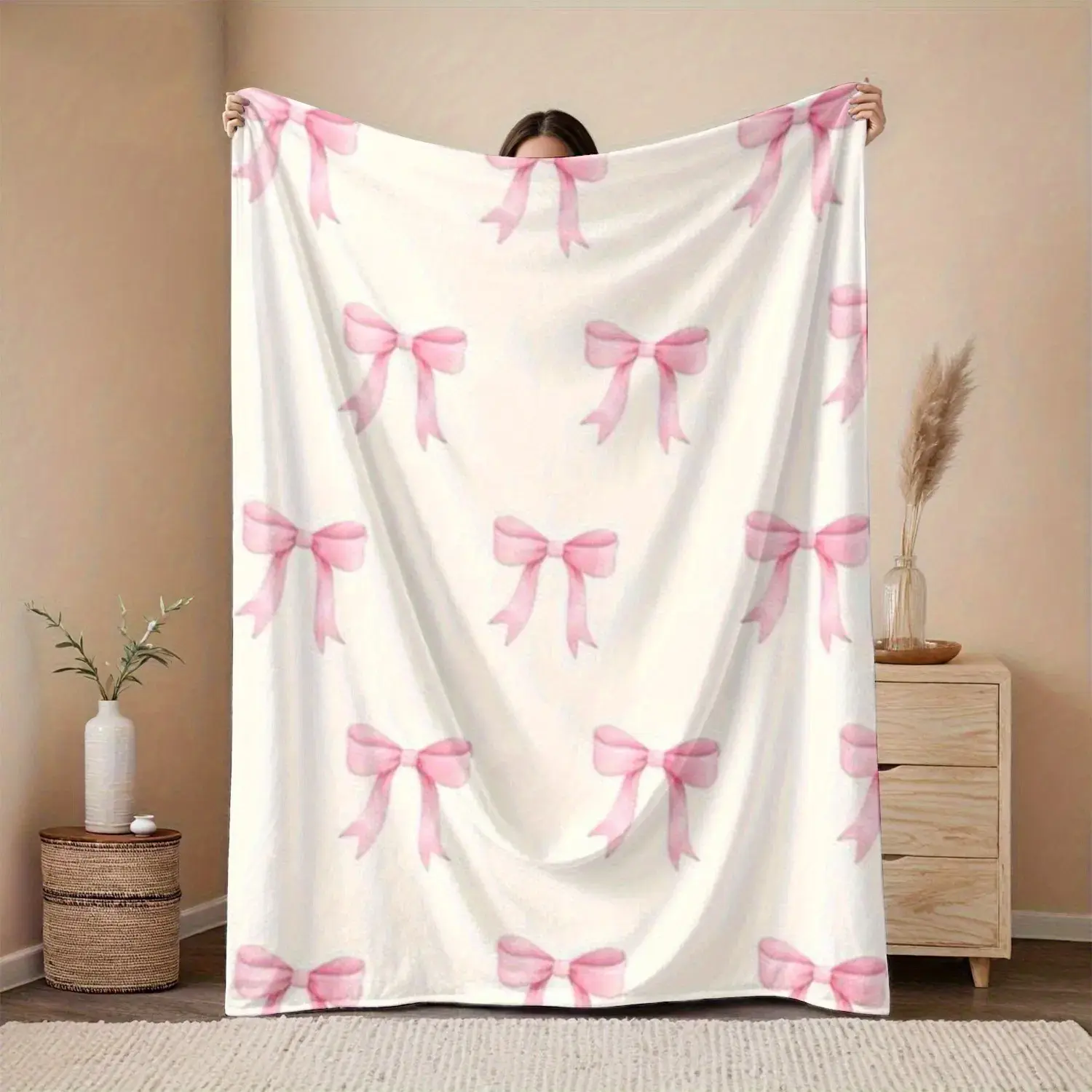 Bowknot Print Flannel Blanket - 280g Gentle Soft Blanket, Vintage Playful Theme, Pink Bows on White, All-Season Comfort, Machinewash Easy, Room Decor, Living Room Decor, Home/Travel Use, Machine Washable Holiday Accessory