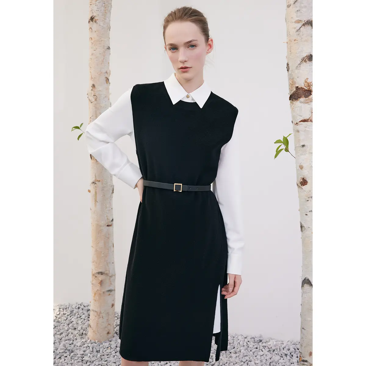 GOELIA Black Vest Dress And White Women Shirt Dress Two-Piece Set for Ladies