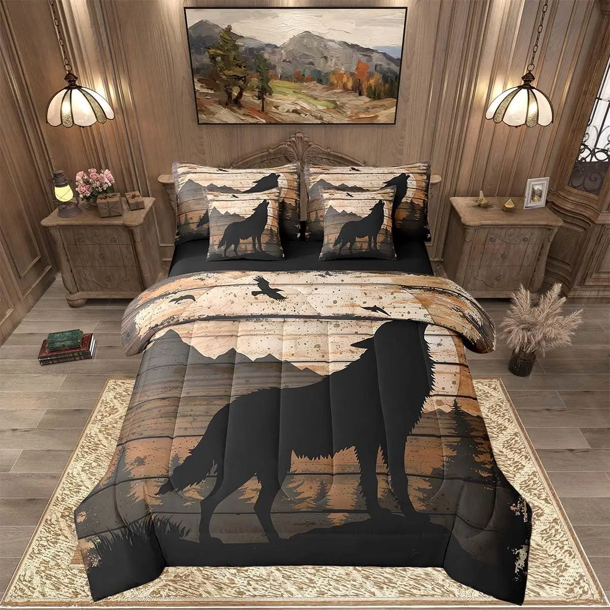 Feelyou Animal-Inspired Wolf Print 7-Piece Comforter Set, Boho Western Wildlife Hunting Theme Multi-Size Home Bedroom Farmhouse Bedding with 1 Comforter,1 Fitted Sheet,1 Flat Sheet,2 Pillowcases,2 Throw Pillow Covers, Machine Washable