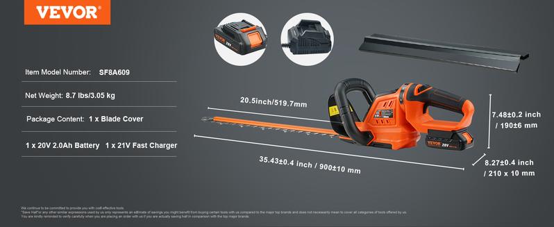 VEVOR 20V Cordless Hedge Trimmer, TikTokShopBlackFriday, 18 inch Double-edged Steel Blade, Hedge Trimmer Kit 20V Battery, Fast Charger, and Blade Cover Included, 180° Rotating Head