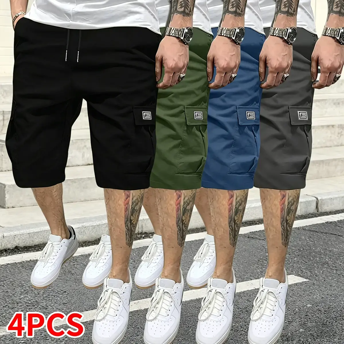 4-piece set for men: outdoor sports/fitness/running/casual wear; drawstring elastic waistband; multifunctional pockets; summer shorts; men’s casual cargo pants; clothing; menswear,summerwins,father'sdaygifts chic look