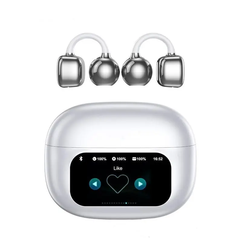 C02 Clip On Ear Headphones with LCD Full Color Touch Screen, Audio Wireless Headphones for Music & Phone Calls, Compatible with Android & iOS