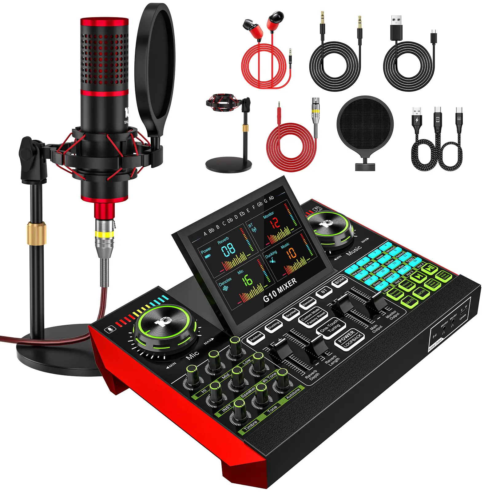 Tenlamp G10-M18 Live Sound Card Audio Mixer, XLR Input with 48V Phantom Power, One-Touch Noise Reduction & Voice Changer for Streaming, Podcasting, Gaming