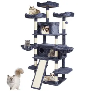 【FathersDayGift】VEVOR Cat Tree for Indoor Cats,  , 68.5" Cat Tower with 2 Cat Condos, Sisal Scratching Post, Hammocks, Top Perches, Jumping Platforms and Ramp, Cat Furniture Activity Center with Hang Balls, Dark Grey