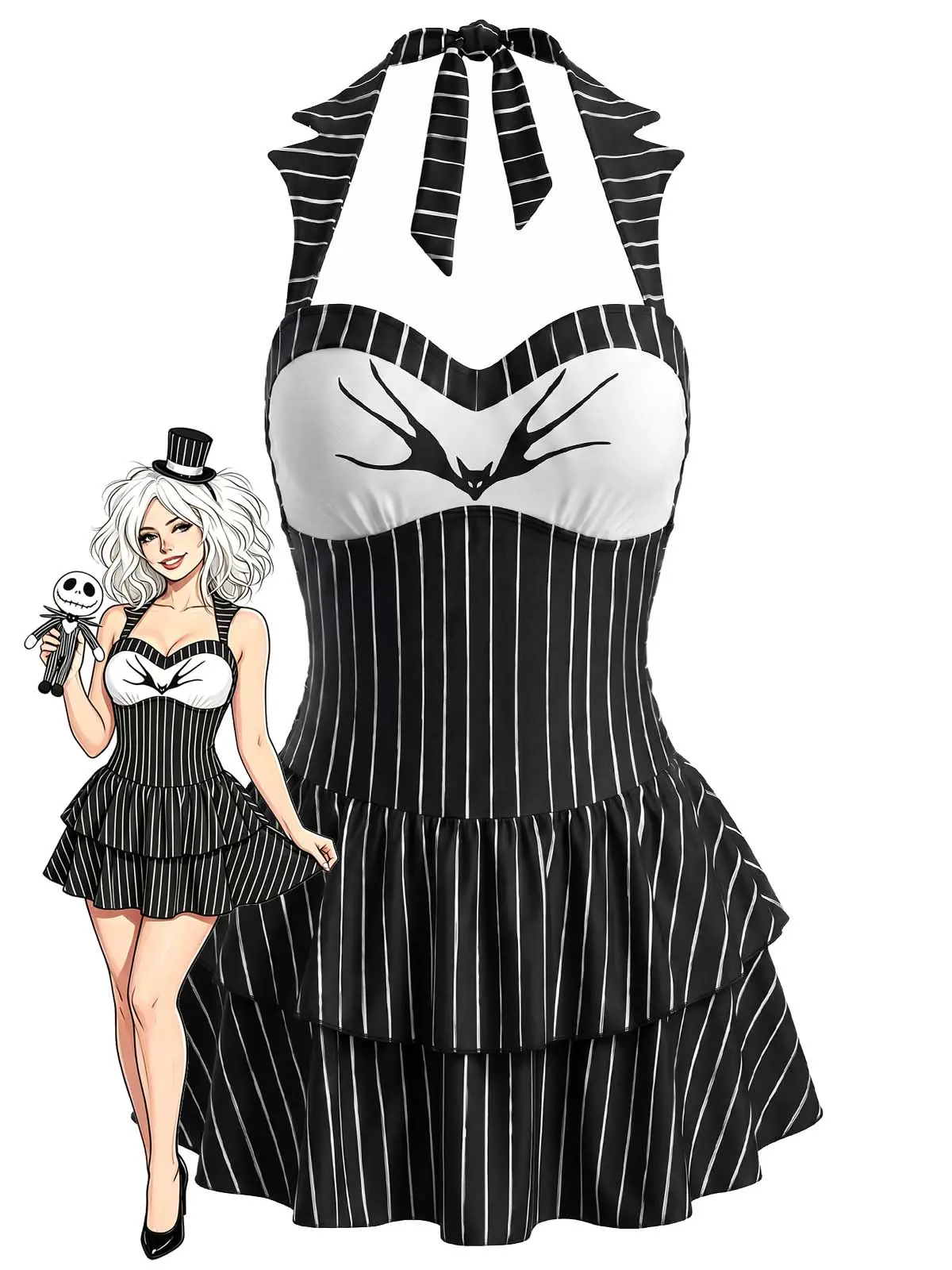 Black 1950s Gothic Bat Pinstripe Halter Swim Dress