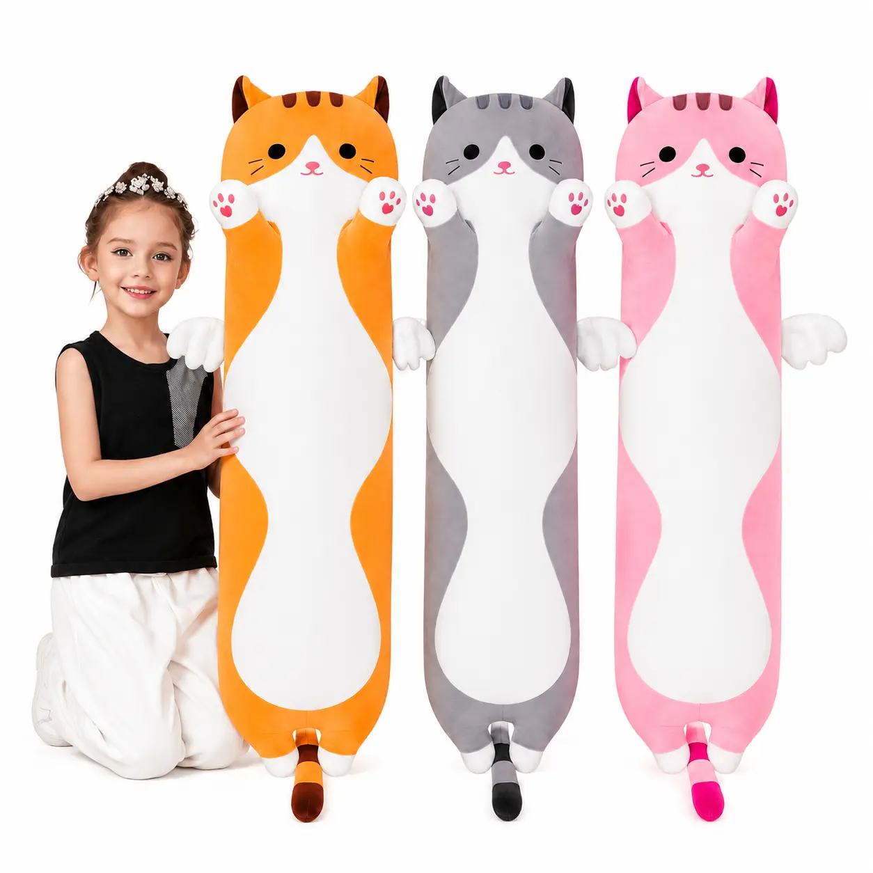 CHUBBYJOY Long Winged Angel Cat Plush Body Pillow - 20/27/35/43in Fluffy Fabric 3D Animal Squishy Stuffed Toy, Adorable Cute Cartoon Style Cushion for Bedroom Decor, Birthday Gift (Multiple Colors/Sizes), 3D Animal Stuffed Toys, Adorable Design Stuffed To