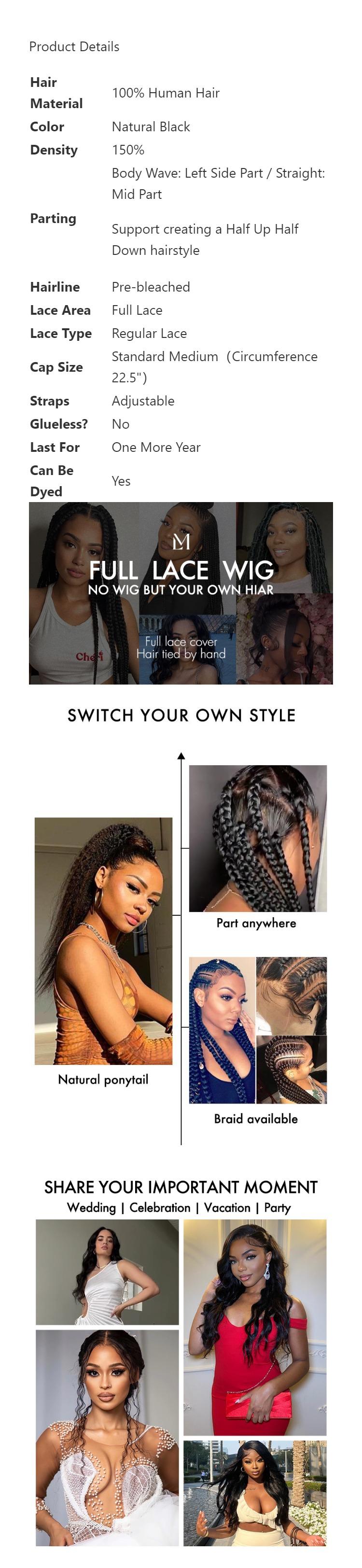 Luvme TikTok Shop | Luvme Hair Full Lace Classy Natural Black Body Wave / Straight Free Parting Half Up Half Down Wig