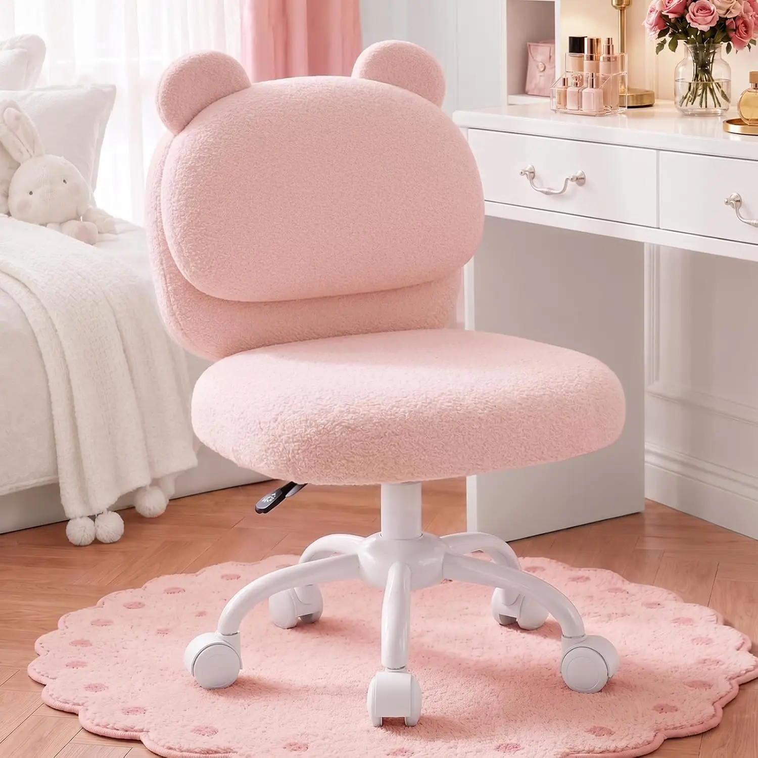 HUANUO Vanity Chair, Cute Desk Chair, Home Office Chair with Wheels, Pink | Soft Teddy Fleece Fabric, Bear Backrest, Thick Cushion, Armless Chair with Wheels, Adjustable Height, 10-Minute Assembly,back to school,back to school haul