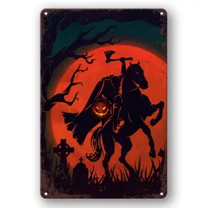 Headless Horseman Halloween Wall Decor Featuring Jacko Lantern and Graveyard Scene Rustic Metal Art for Home Bar and Cafe Spooky Holiday Gift