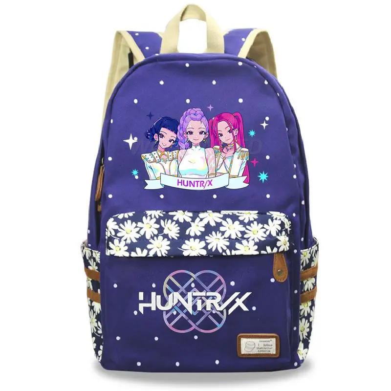 Girl Group kpop Anime Print Light Blue Polka Dot Floral Spliced Canvas Backpack Teen Girls School Travel Laptop Daypack