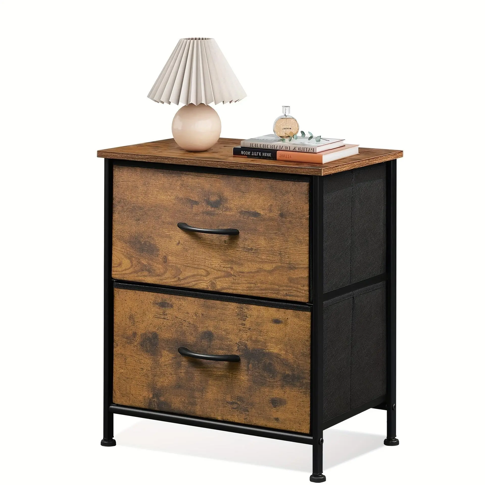 Rustic Brown 2-Drawer Bedside Table Nightstand - Bedroom Nightstands with Wooden Top, Removable Fabric Drawers, Adjustable Corrosion-Resistant Home Organizer, Assembly Required