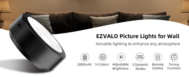EZVALO Picture Lights for Wall,14 Color(3 Color Temps&12 RGB),2000mAh Rechargeable Battery Magnetic Poster Lights with 2 Color Temps&12 RGB,Remote Dimmable Timer Painting Light,Wall Decor Light for Art Display,Frame