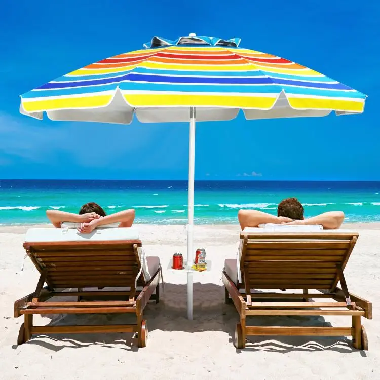 COSTWAY 6.5/7.2 FT Beach Umbrella, Portable Outdoor Umbrella with Sand Anchor, Adjustable Tilt, Steel Pole, Carrying Bag, Outdoor Sunshade Shelter with Cup Holder for Beach, Poolside，4th of july decor, dad gift