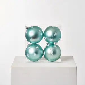 Matte Seafoam Blue & White Sparkle North Star Shatterproof Ball Holiday Christmas Ornament - Set of 4
