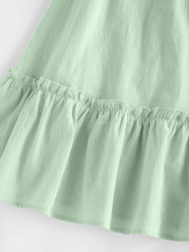 Rosegalette Flounce Slip Ruffles Off-Shoulder Mini Dress with Tie Shoulder Straps in Soft Mint Green sage green Color polka dot dress secschools dress