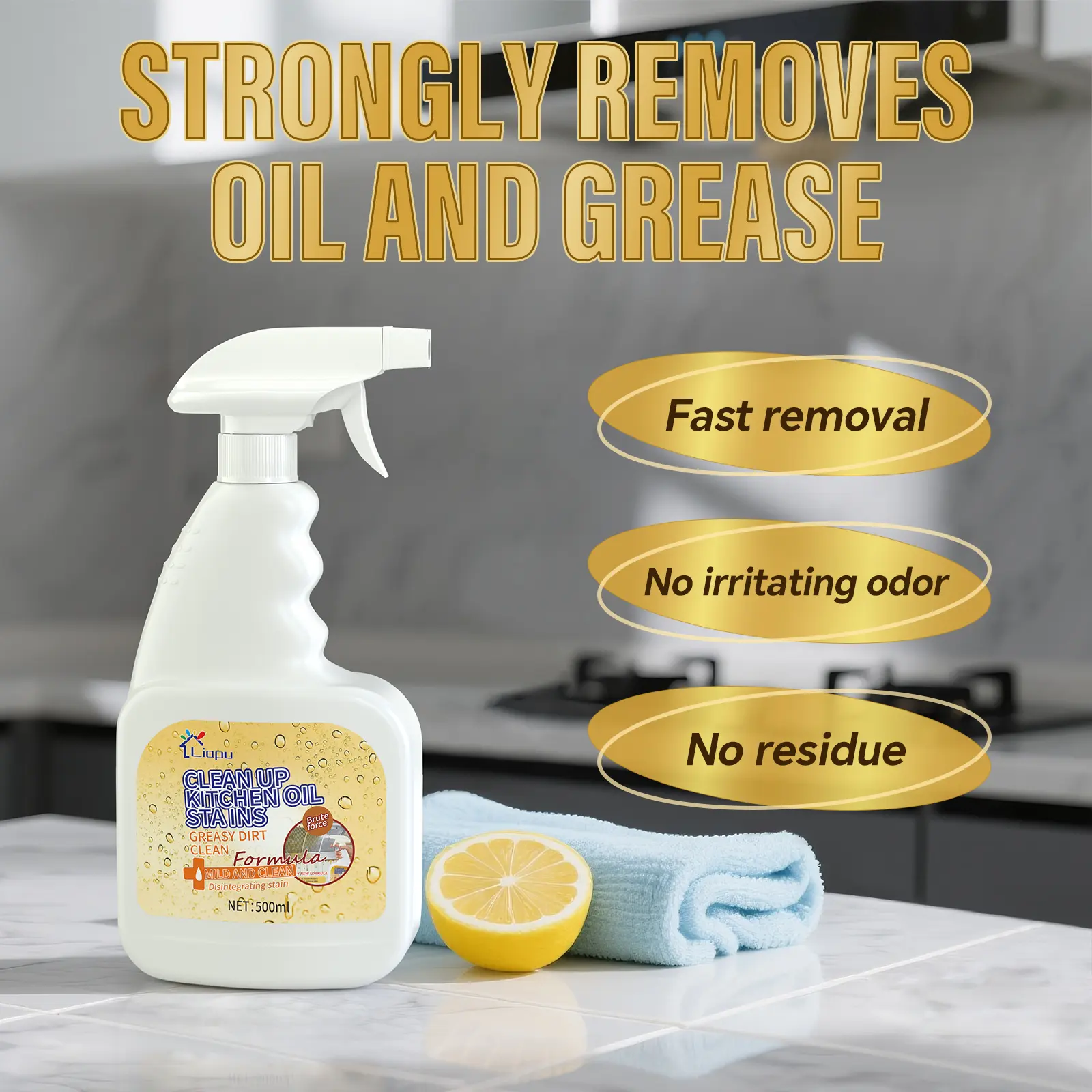 Liapu Kitchen Degreaser Spray – Heavy Duty Grease Remover for Stove Top, Oven & Range Hood, Fast Foam Cleanser