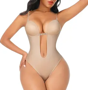[New Arrivals]U Plunge Backless Shapewear Bodysuit for Women With Built-In Bra Cup Invisible Shaping Corset Bodysuit Underwear for Wedding Party Upgraded, 5 Colors Choose Minimalist Brown Nylon Vneck Lingerie Womenswear Basic Black,Bodysuit
