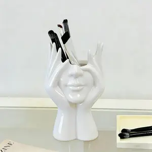 Decorative Face Makeup Brush Holder, White Ceramic Sculpture Design, 7x4.7 Inch, Cosmetic Organizer for Vanity