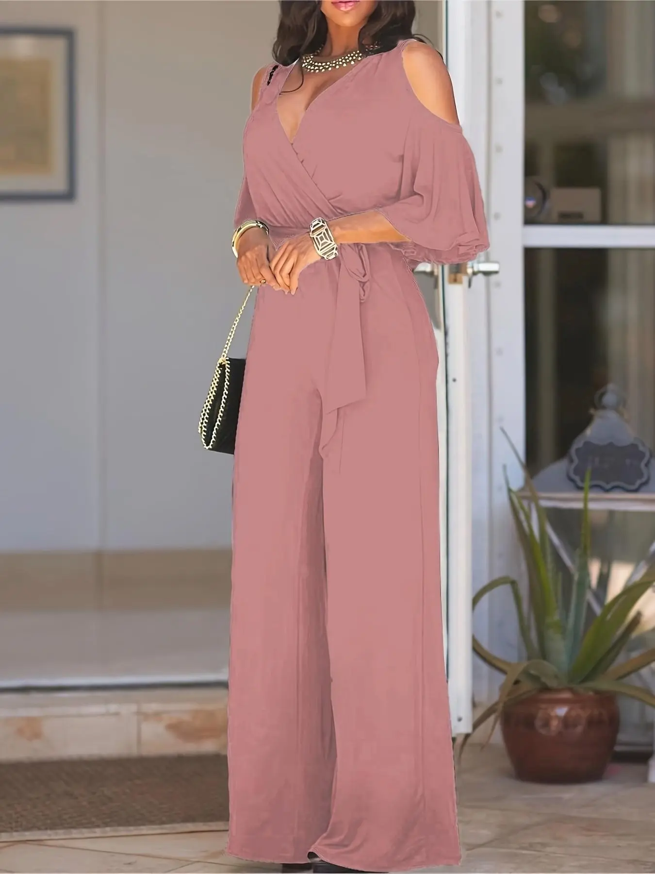 Elegant V-Neck Off-Shoulder Belted Fit Jumpsuit, Womenswear Solid Color Wide Leg Design, Perfect for Day, Evening, Casual & Formal Wear, Women's Fashionable Chic Jumpsuits