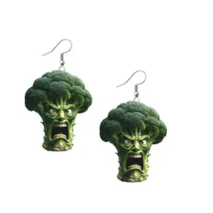 Abstract Angry Broccoli 2D Acrylic Earrings, Funny Cartoon Vegetable Dangle Earrings, Unique Quirky Jewelry for Women