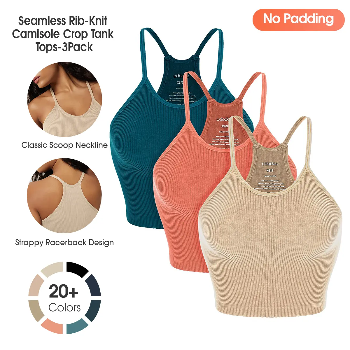 ODODOS Women's Crop 3-Pack Seamless (No Padding) Rib-Knit Camisole Tank Tops - Stretchy 4-Way Fabric for Yoga & Workouts - Soft Lightweight Design, summerwins,back to school,back to school shopping