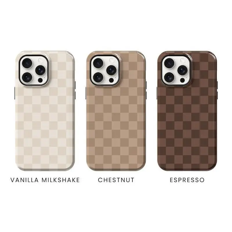 Neutral Brown & Cream Checkered Lightweight Shockproof Smartphone Case - Handheld Cellphone Shell for iPhone 17 Pro Max, 16 Plus, 15, 14, 13, 12, 11, XR, XS Devices & Mobile Accessory