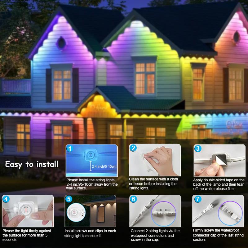 105ft/164ft 16 Million Colors IP67 Waterproof Smart Color Lights 63 Modes TUYA App Voice Control Music Sync Timer for Eaves Walls Pools Lawns Paths Fence