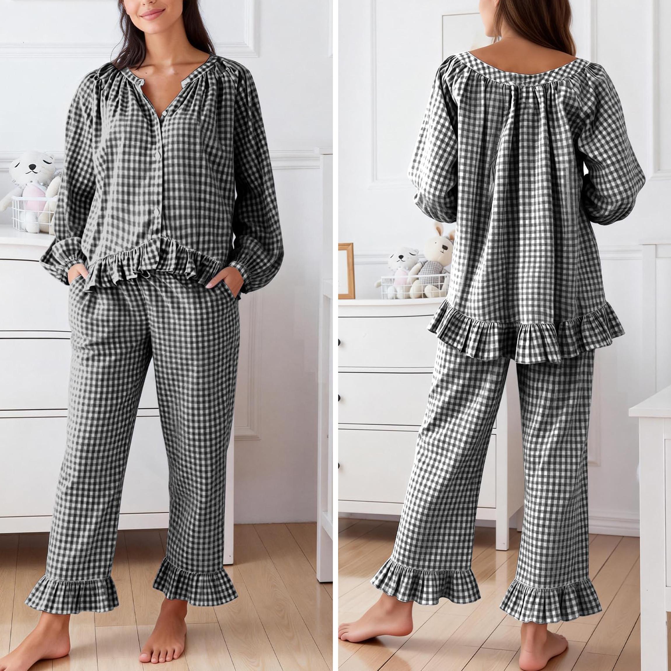 Buenoble Womens Plaid 2 Piece Pajamas Sets Gingham Button Down Puff Sleeve Babydoll Shirt Ruffle Pants Y2K Pjs Lounge Set SpringStatements Buenoble Womens Plaid 2 Piece Pajamas Sets Gingham Button Down Puff Sleeve Babydoll Shirt Ruffle Pants Y2K Pjs Lounge Set SpringStatements