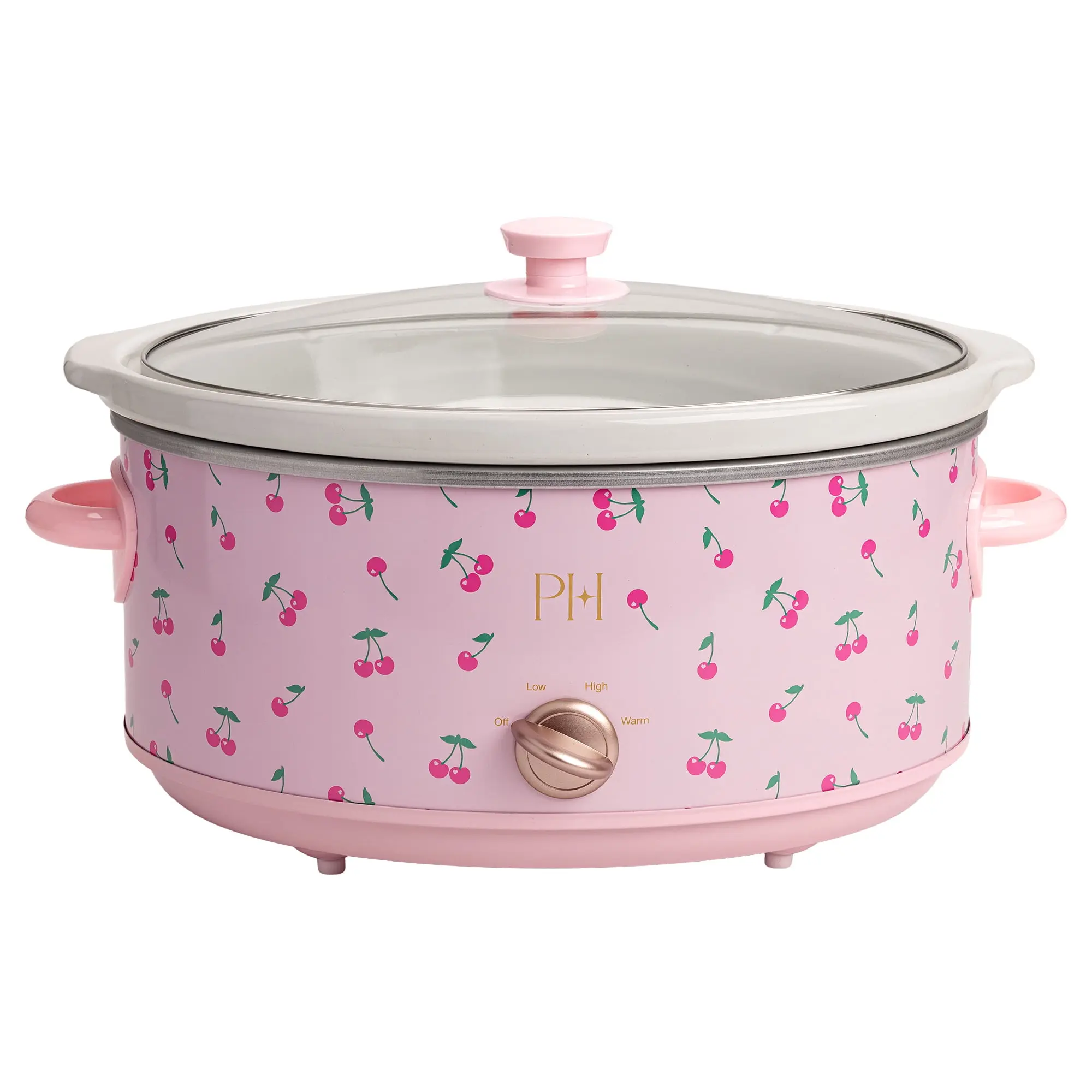 Paris Hilton 7-Quart Manual Slow Cooker with Removable Stoneware Pot and Tempered Glass Lid, 3 Heat Settings, Cherry Design, Pink