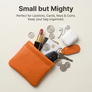OREE Mini Leather Squeeze Pouch - Self Closing Pocket Organizer for Lipstick, Keys & AirPods - Small Cosmetic Bag for Purse - Sunset Orange - Auto Closure Chaos Fixer