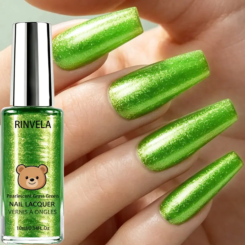 10ML Metallic Grass Green Nail Polish, Sparkly Shimmer Metal Finish Nail Lacquer, Quick-Dry Long-Lasting Varnish for DIY Manicure