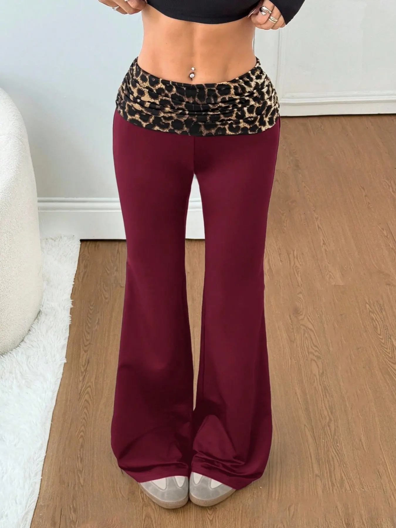Trendy Colorblock Leopard Print Bell Bottoms Yoga Flare Pants Slim Fit Soft Lightweight Women's Pants, Casual Fashion Trousers, Casual Yoga & Sportswear Essential for All Seasons Womenswear