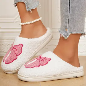 Women's Fashion Bowknot Design Plush Slippers Warm Comfortable Indoor Slippers Springfresh