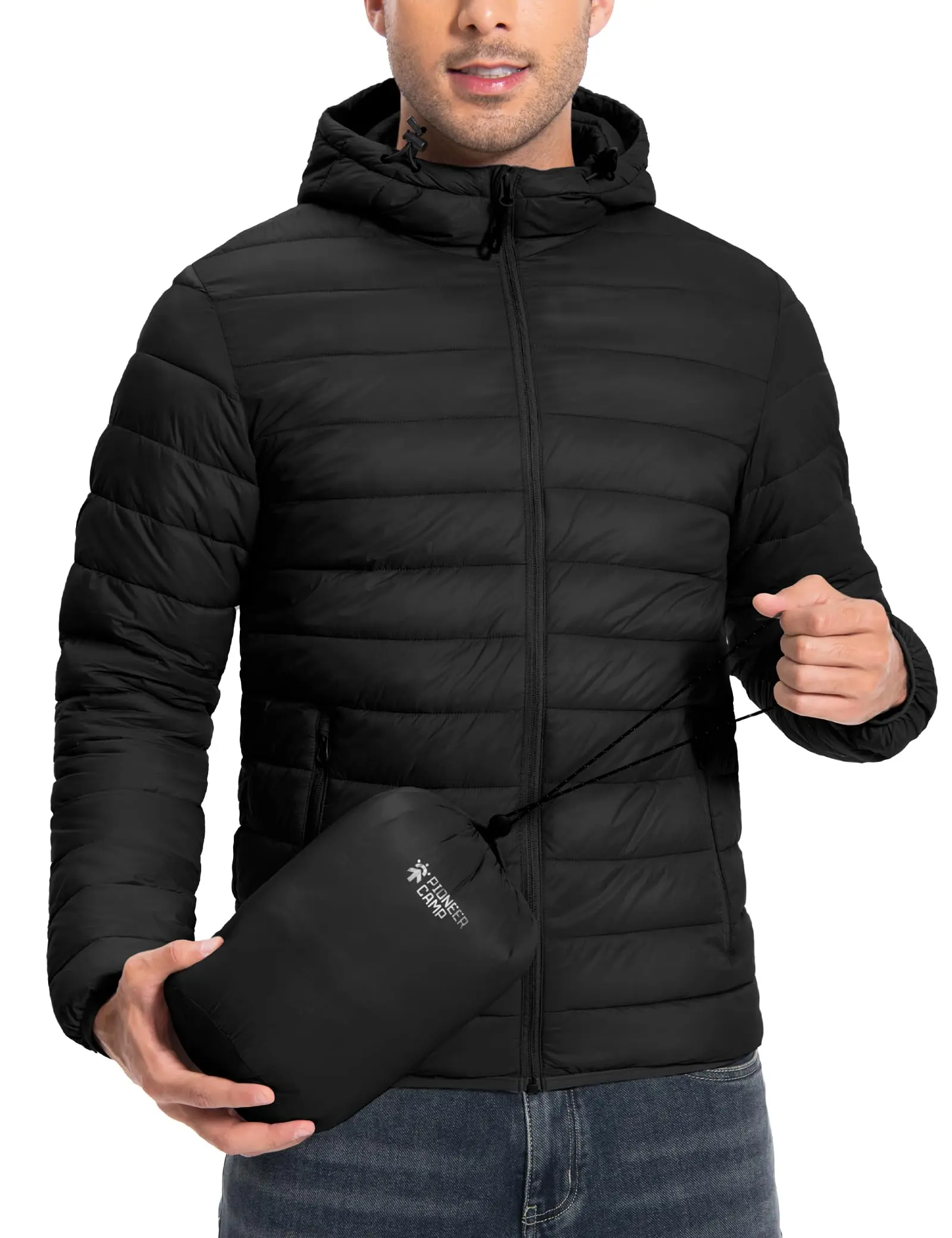 Pioneer Camp Men's Lightweight Packable Hooded Heated Puffer Jacket - Insulated Thermal, Windproof Long Sleeve Outerwear for Running, Travel - Breathable Bubble Cotton, Elastic Tops Clothes