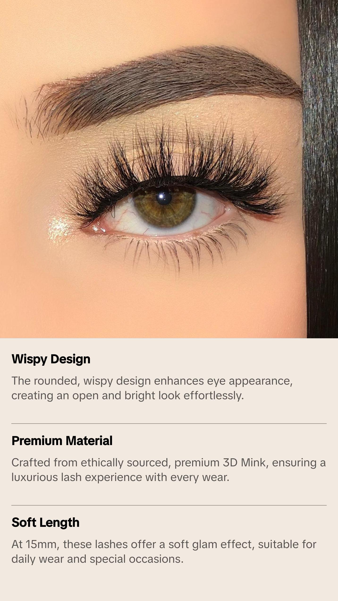 Gabriela Lashes: style “BABYDOLL” (1 pair) 3D Mink Lash Strips, 15mm, Medium Length, Round Wispy Eyelashes, High quality & Reusable