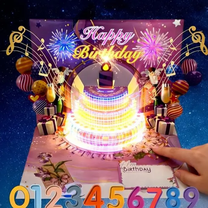 3D Popup Birthday Card with Blowable Light-Up Simulated Candle, 0-9 Replaceable Numbers, 3-Tier Firework Design Cake, Custom Age Greeting Card with Envelope - Ideal for Birthday Celebration, Celebration Gifts (Home & Festive Party Supplies), Set
