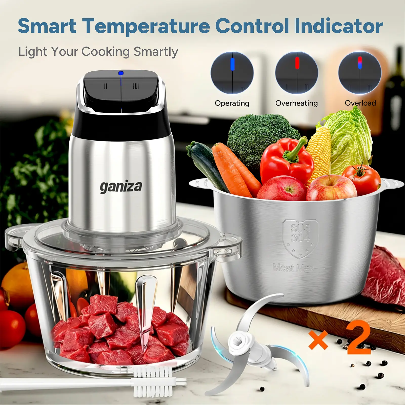 Ganiza Food Processor with 8 Cup Glass Bowls & 8 Cup Stainless Steel 2-Speed Food Chopper Meat Grinder Upgraded Button & Smart Overheat Protection Light - Includes Clean Brush 2 Sets of Blades Kitchen Vegetable Slicer Kitchen Appliances,home essentials