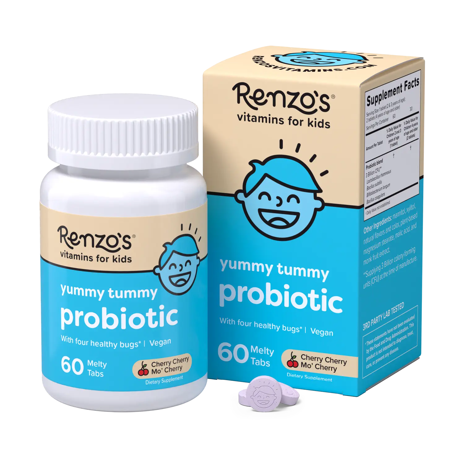 Renzo's Vitamins Yummy Tummy Probiotic for Kids with 4 Strains - 60 Melty Tabs