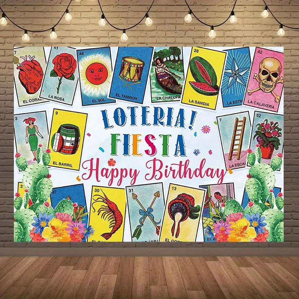 1pc 2D Flat Polyester Flower Mexican Fiesta Loteria Card Wall Hanging Backdrop, White Party Decor - Birthday Celebration Home Textile Banner, Studio Prop