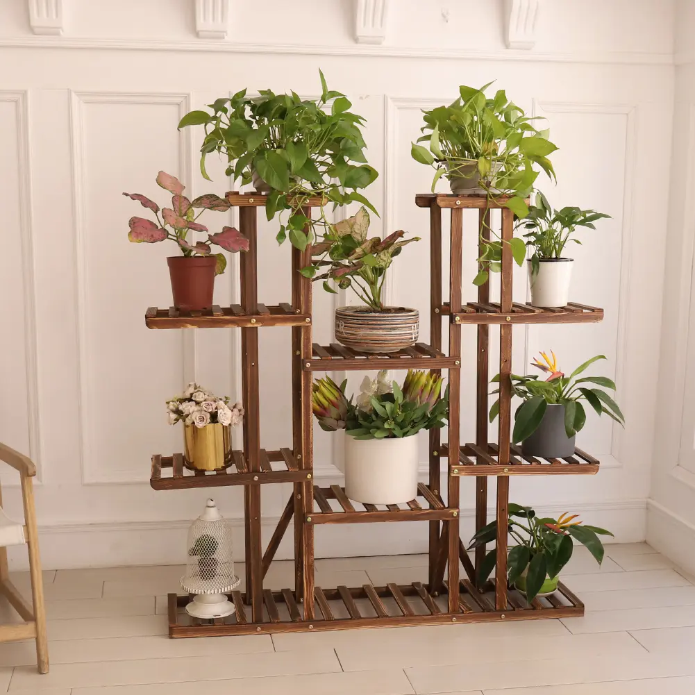 11 Tiers Wooden Plant Stand Large Capacity Carbonized Flower Pots Organizer Shelf Holder Bonsai Planters Display Rack for Porch Condo Garden Indoor Outdoor Rustic Style 46x45in Stained Medium Brown