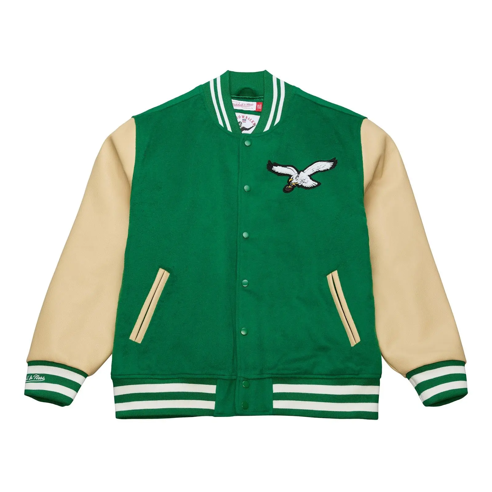Philadelphia Eagles Kelly Green and Tan Team Traditions Varsity Full-Snap Jacket Philadelphia Eagles Kelly Green and Tan Team Traditions Varsity Full-Snap Jacket