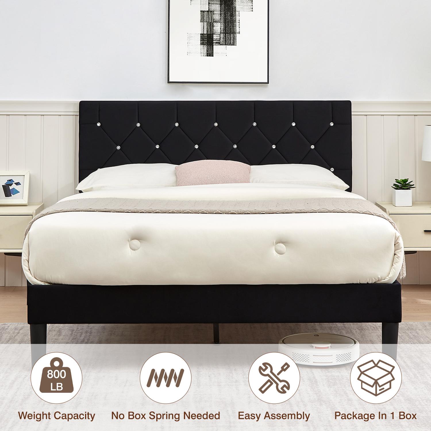 VECELO Twin Full Queen Size Upholstered Bed Frame with Button Tufted Adjustable Diamond Headboard, Wood Slat Support, Modern Design, Easy to Assemble