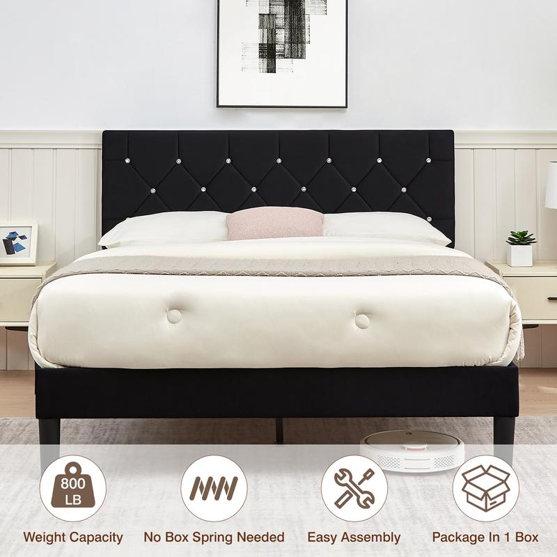 VECELO Twin Full Queen Size Upholstered Bed Frame with Button Tufted Adjustable Diamond Headboard, Wood Slat Support, Modern Design, Easy to Assemble