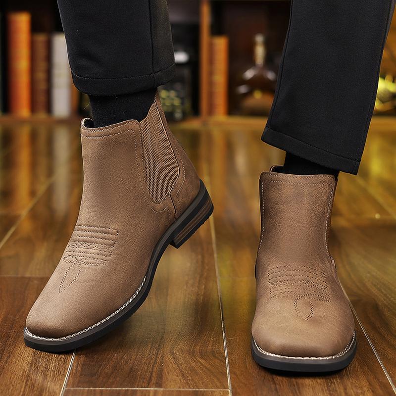 Men's Western Cowboy Boots Square-Toe Chelsea Ankle Boots Work Boots Casual Vintage Fashionable Classic Comfortable Versatile Available in Khaki and Black Outdoor Casual Closed-Toe Style