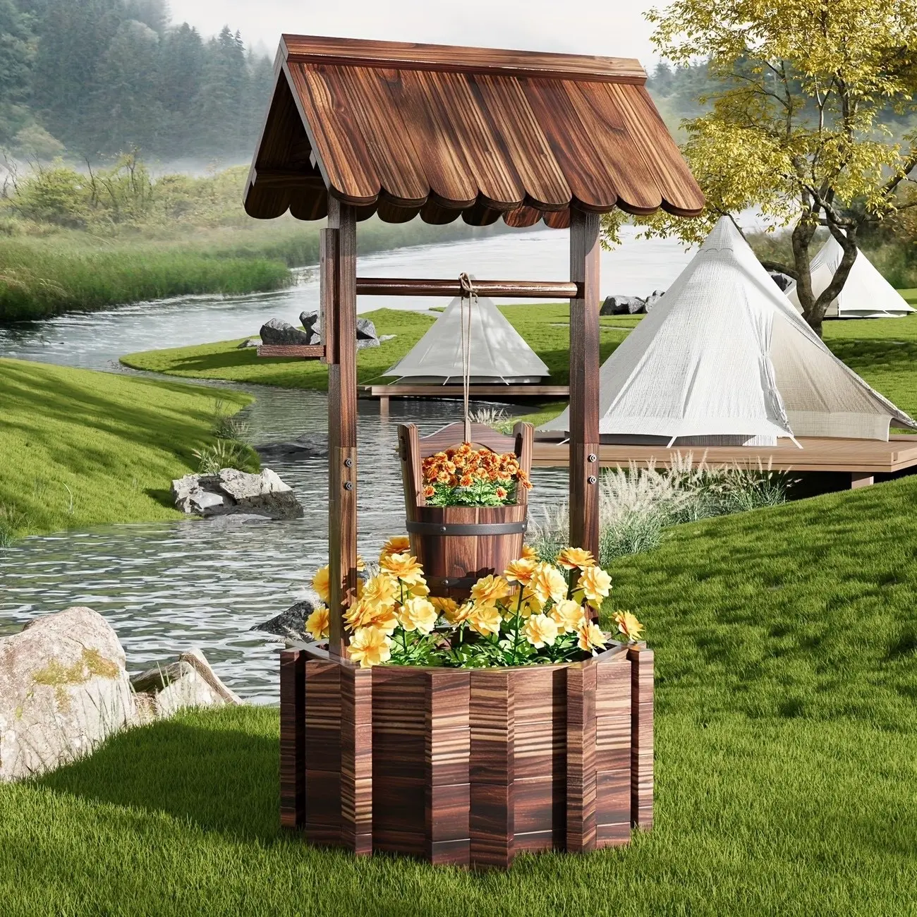 Wishing Well Planter Outdoor - Wooden Rustic Garden Decor with Hanging Bucket
