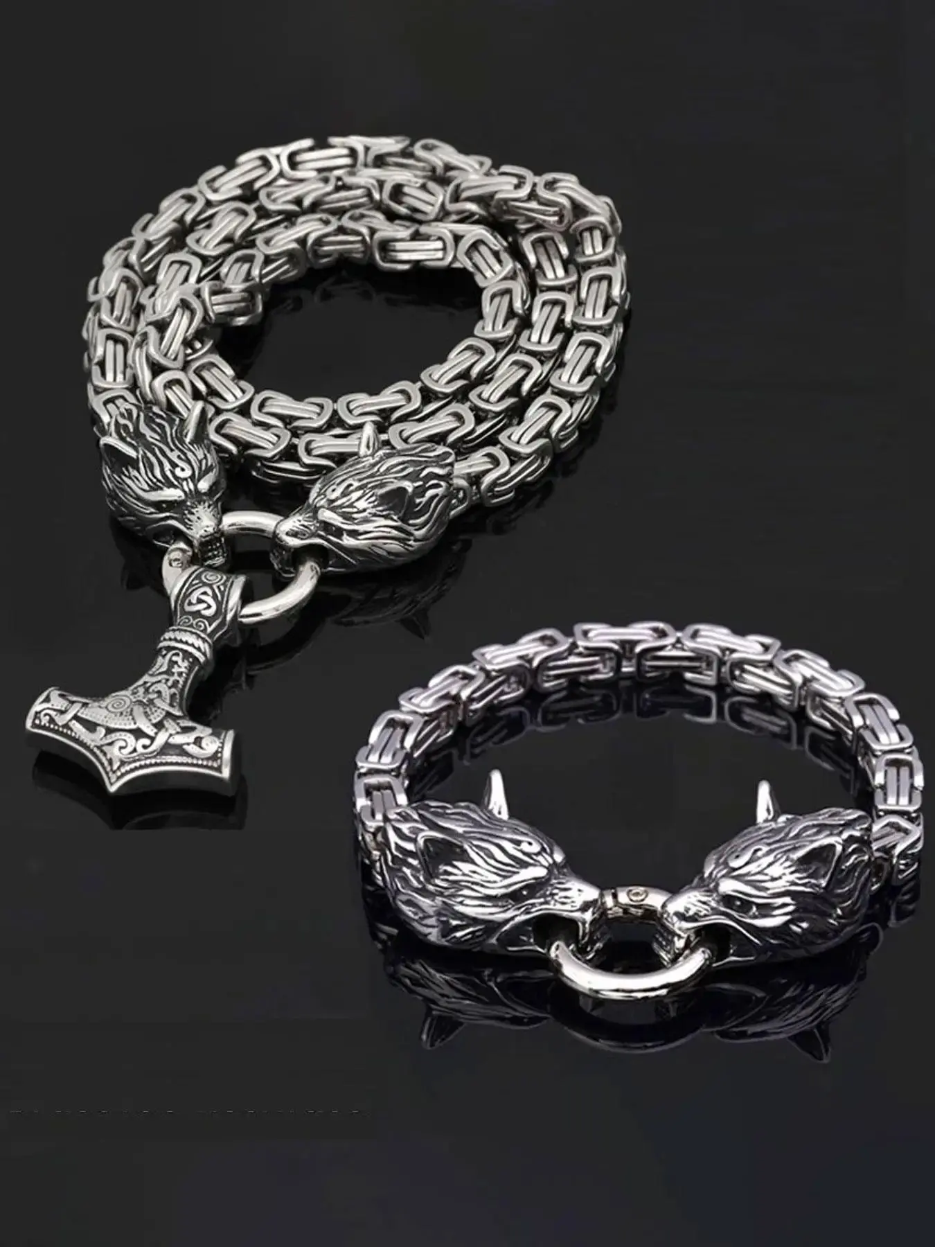 2-Piece Vintage Wolf Head Necklace and Bracelet Set, Stainless Steel Punk Chain Jewelry Set, with Nordic Hammer Pendant, Punk Style for Men and Women, Stylish Party Gift