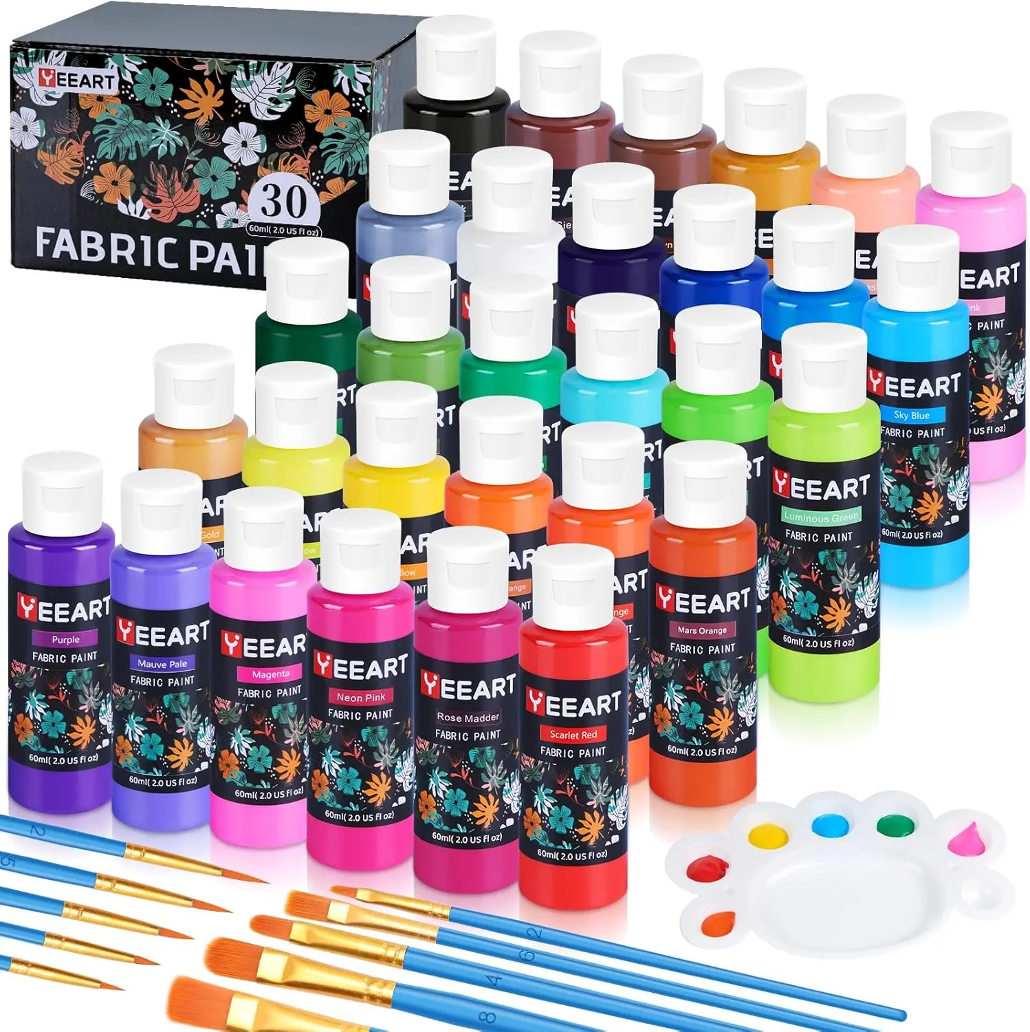 Yeeart Permanent Water-Based Soft Fabric Paint Set - 30 Bright Hues, 60ml Bottles, 10 Brushes, Palette, Certified Safe Non-Toxic, Machine Washable, Waterproof Art Materials for Kids All Ages DIY Art & Crafting, Customizing Jeans & T-Shirts