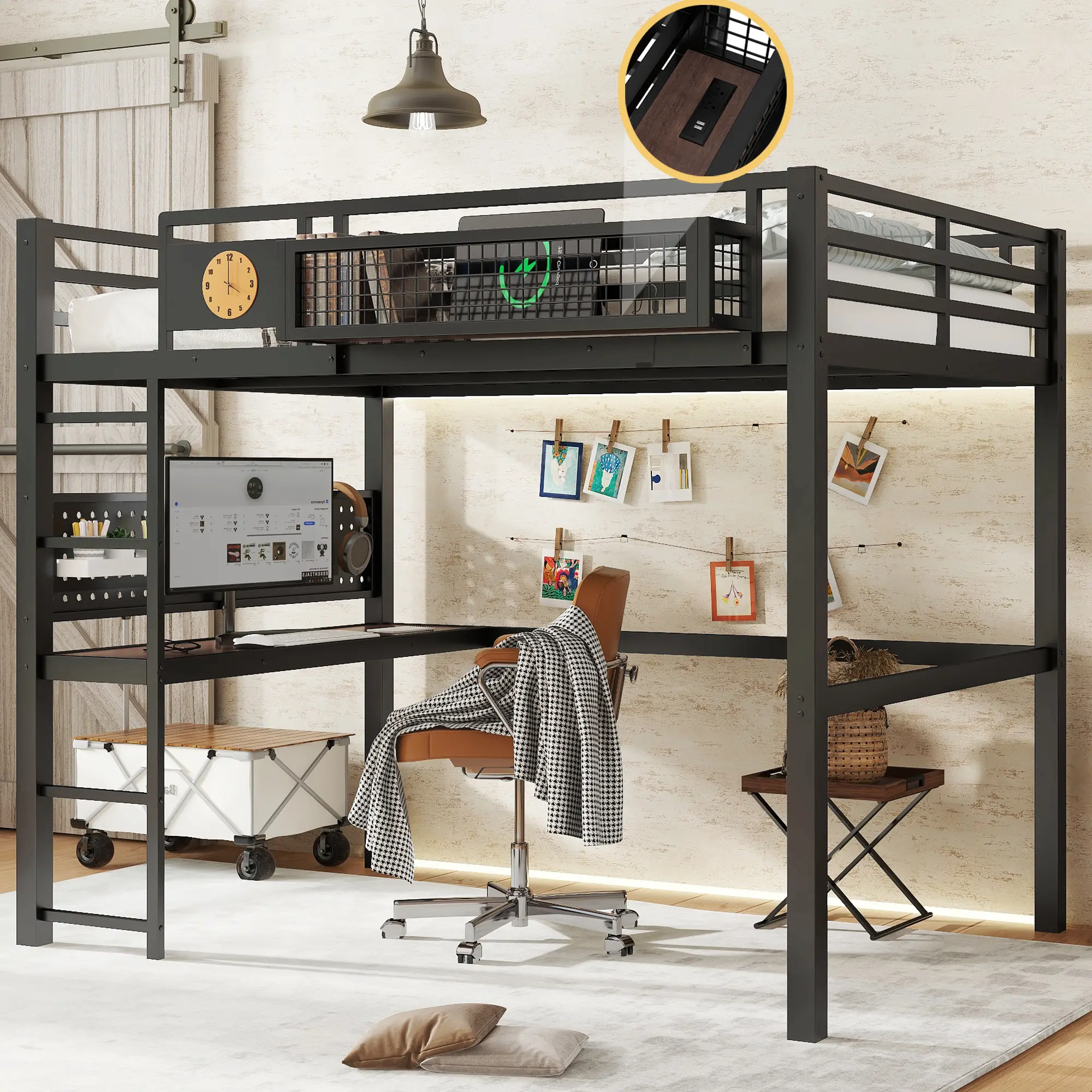 Eyisean Full/Twin XL Size Modern Loft Bed, Space-Saving Bed Frame with Storage Basket & Pegboard, Side Clock Design Beds with L-Shaped Desk & Charging Port, Safety Guardrail, No Box Spring Needed for Bedroom