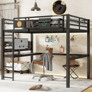 Eyisean Full/Twin XL Size Modern Loft Bed, Space-Saving Bed Frame with Storage Basket & Pegboard, Side Clock Design Beds with L-Shaped Desk & Charging Port, Safety Guardrail, No Box Spring Needed for Bedroom