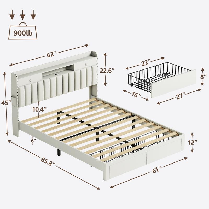 TryLazy Upholstered Flatform Bed Frame with 4 Storage Drawers No MATTRESS Queen Size Wood Slats Holds 900lbs No Noise Rivet Design USB Socket White